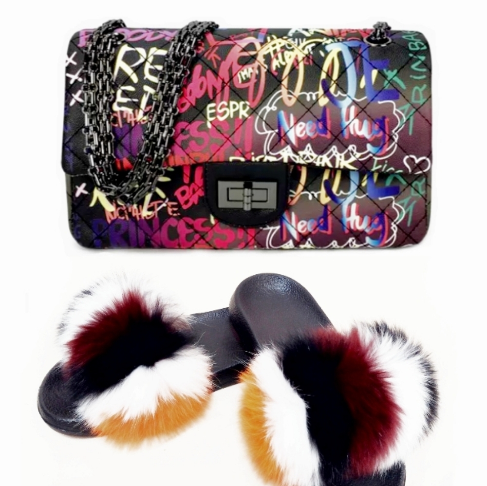 Multicolor fox vegan fuzzy-slippers fashion-EVA soft+fluffy vegan fox-fur